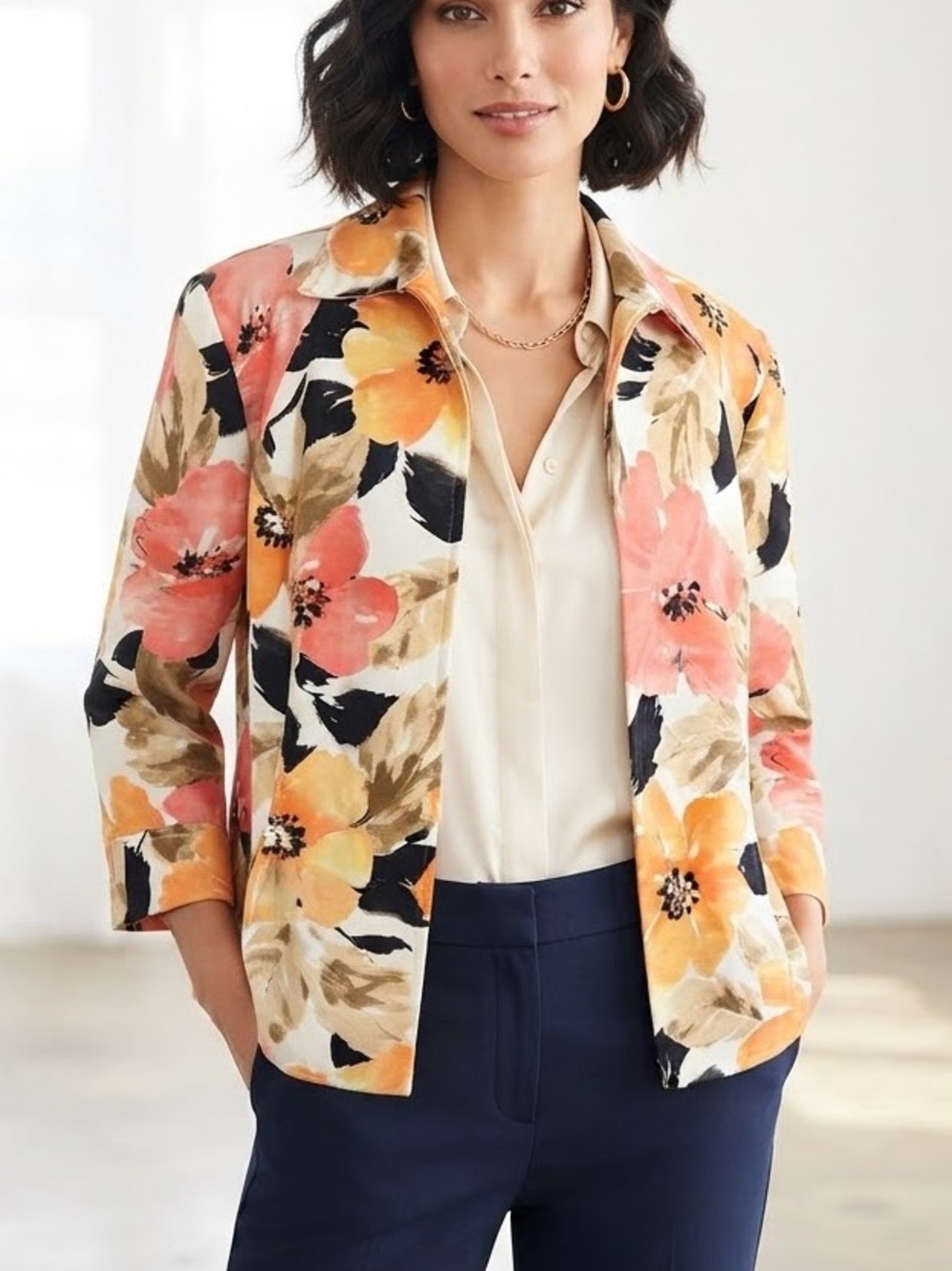 Alfred Dunner Floral Open-Front Jacket in Coral, Yellow & Black